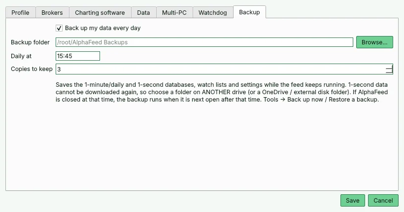 Backup settings: backup folder, daily time 15:45 and number of copies to keep