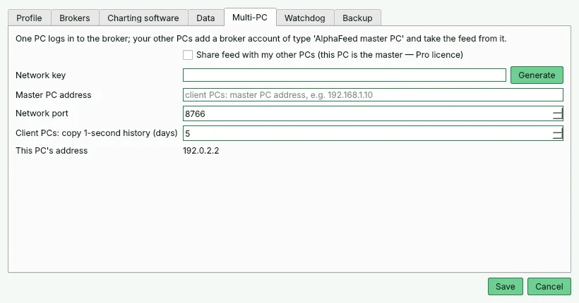 Multi-PC settings: network key, master PC address, port and 1-second history days for client PCs