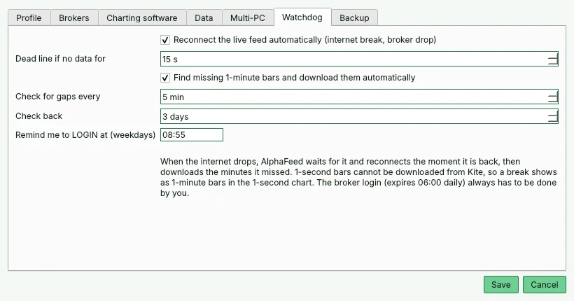 Watchdog settings: dead-line timeout, gap check every 5 minutes, check back 3 days, login reminder at 08:55